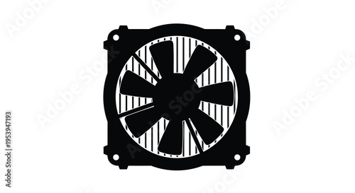 A black and white illustration depicts a computer cooling fan with visible blades and mounting holes
