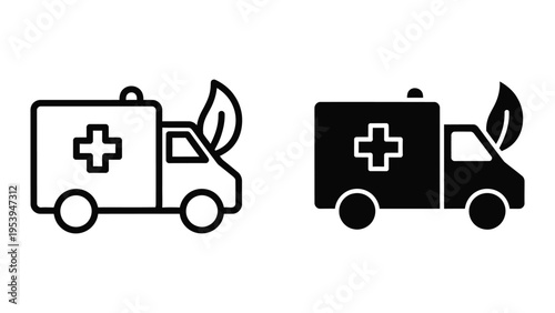 eco-friendly ambulance vector illustration with green leaves, flat design