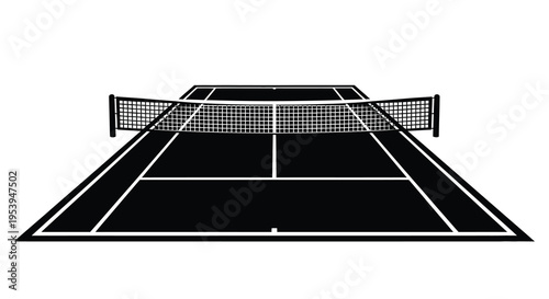 A stark black and white illustration depicts a tennis court viewed from a low angle