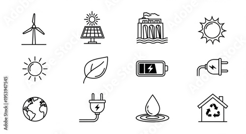 Clean Energy Icons: A collection of meticulously crafted, minimalist icons, symbolizing key sources and elements within the realm of renewable energy and sustainable living.
