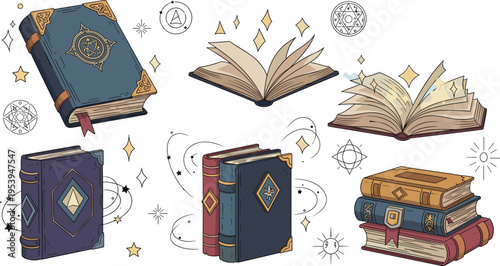 Magic spell books with glowing symbols, open enchanted pages and mystical elements, fantasy wizard library cartoon vector illustration set