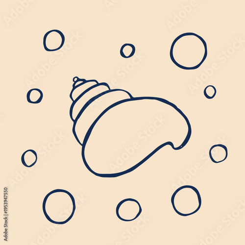 A whimsical vector illustration of a seashell with a pearl, designed in a doodle style.