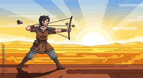 Archer aiming bow and arrow in desert landscape.