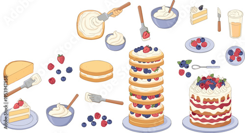 Layer cake baking process with cream berries sponge layers frosting tools and desserts flat vector illustration set