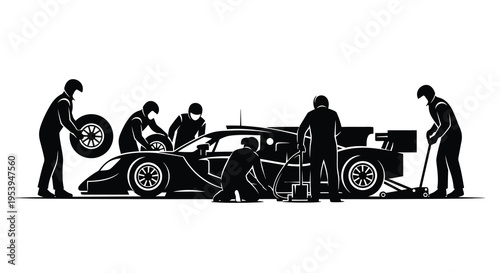 A black silhouette depicts a race car pit stop with mechanics working swiftly on the vehicle