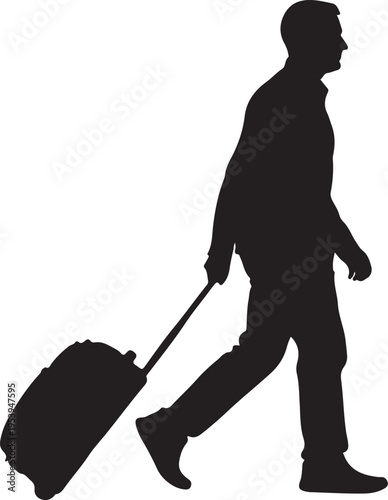 Silhouette of a traveler pulling a rolling suitcase down a path