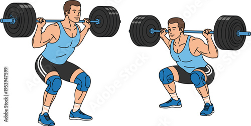 Vector illustration of athlete performing barbell squat exercise in two positions, parallel thighs and deep squat, strength training fitness technique design