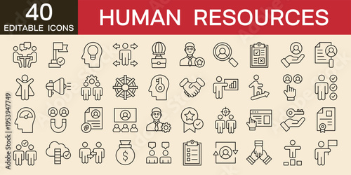 human resources icon set HR, vector illustration thin line icons with employment, teamwork, business, office, management, core values, development, personal growth, editable stroke 
