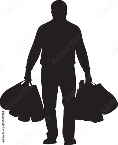A silhouette of a person carrying multiple shopping bags from a store.