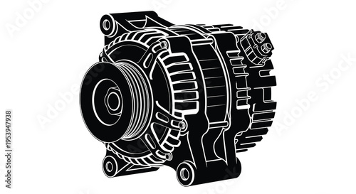 A detailed black and white illustration of an automotive alternator showcasing its complex internal components high quality