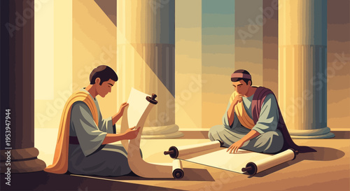 Two ancient scholars diligently studying papyrus scrolls together.