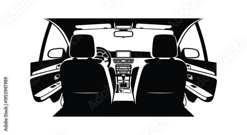A black and white illustration depicts the interior view from the backseat of a modern car