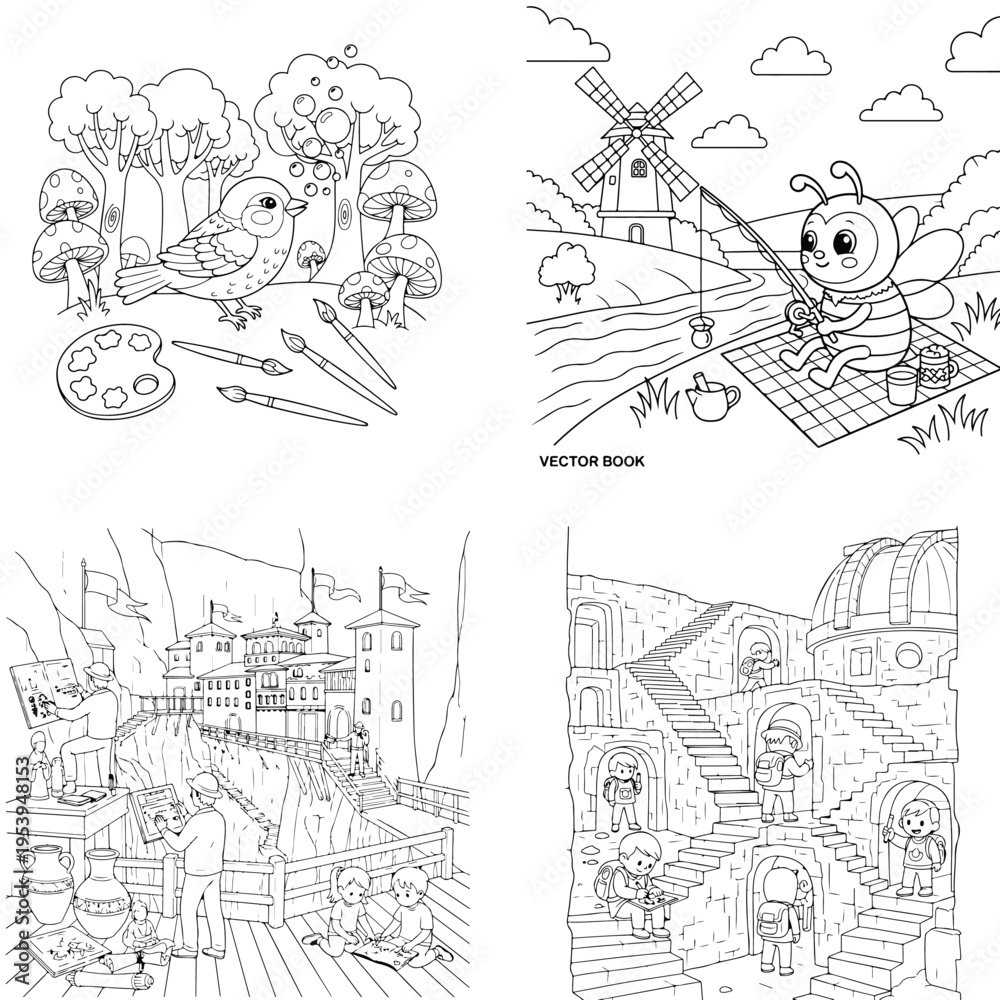Fototapeta premium Scenic coloring book pages: forest, windmill, hot air balloon, city, and village, line art