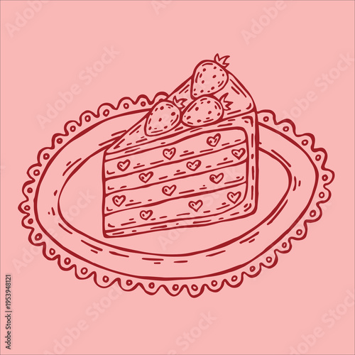 A delightful vector illustration features a slice of strawberry cake on an ornate lace tray in doodle style.