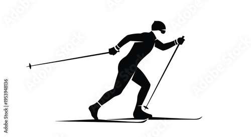 A black silhouette depicts a cross country skier in motion gracefully gliding across snow high quality