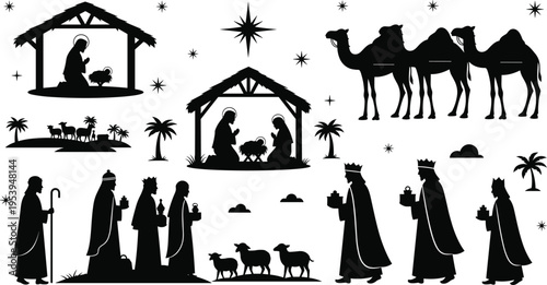 Nativity scene silhouettes with Holy Family, Three Wise Men, camels and Bethlehem star, Christmas religious black vector illustration set