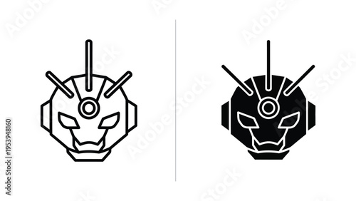 robot heads in black and white vector illustration, flat design