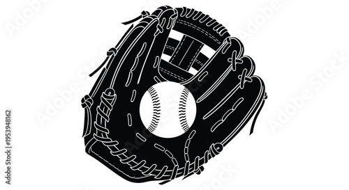 A detailed black and white illustration depicts a baseball glove securely holding a baseball