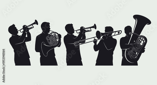 Silhouette of a brass band playing instruments.