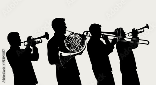 Silhouette of a brass quartet performing classical music.