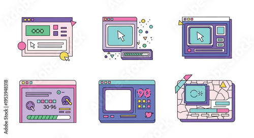 Colorful collection of retro computer monitors and windows in a playful style