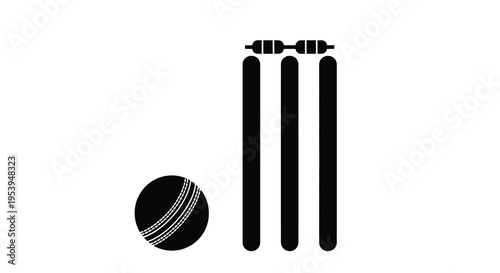 A simple black and white illustration depicts a cricket ball and wickets ready for play