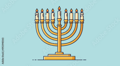Hanukkah Menorah with Nine Lit Candles Illustration.
