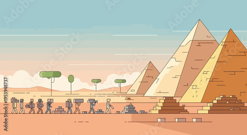 Ancient Egyptian pyramids with workers and desert landscape scene.
