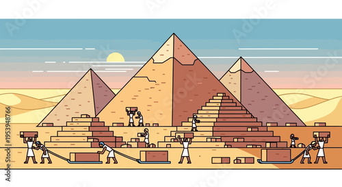 Ancient Egyptian Pyramids Construction with Workers and Desert Landscape.