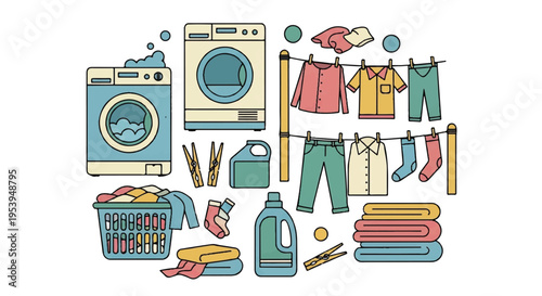 Laundry room vector illustration washing machine clothesline clothes