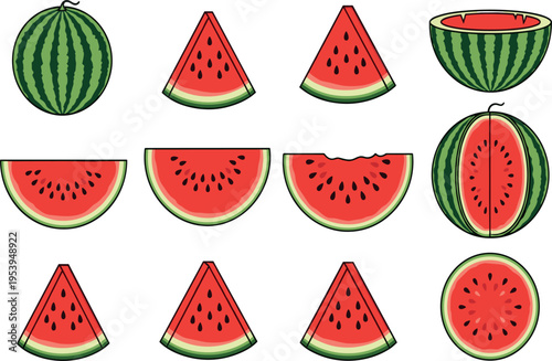 Watermelon fruit collection with whole watermelon and sliced pieces juicy summer fruit illustration set isolated for healthy food and tropical dessert themes