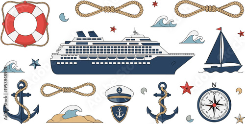 Nautical elements set with cruise ship, anchors, ropes and compass, marine travel and sea adventure themed vector illustration collection