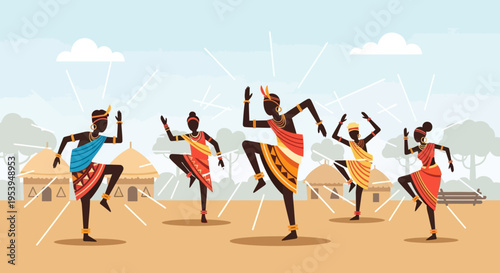 African Dancers in Traditional Attire Performing a Village Dance.