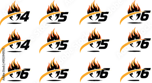 2024 2025 and 2026 Fire Flame Number Logo Set with Dynamic Burning Effect for Sports Events Racing Teams and Competitive Branding