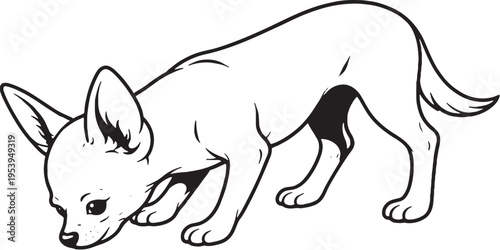 Chihuahua Eating Pose Side View Black and White Line Art Illustration