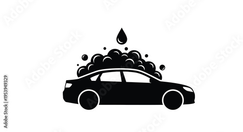 A black silhouette of a car is shown with bubbles and a water droplet above it