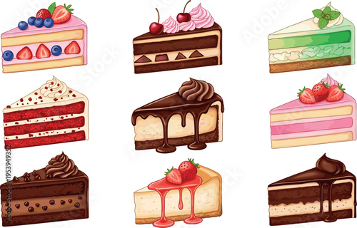 Assorted Cake Slice Collection Featuring Chocolate Strawberry Cream and Fruit Layered Desserts Sweet Bakery Vector Illustration Set