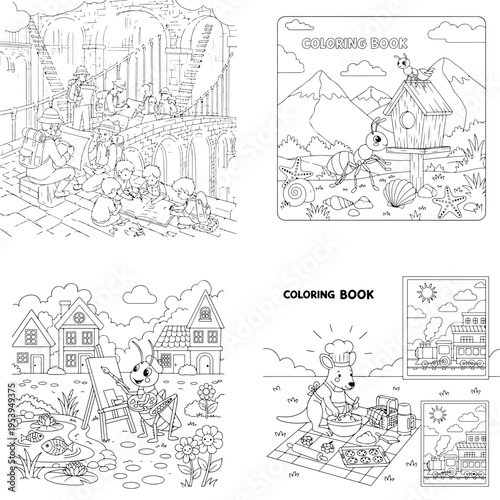 Exciting landscapes, ancient structures, and charming villages coloring book collection