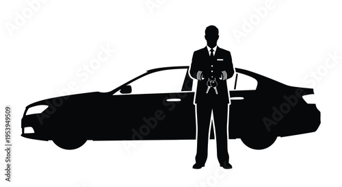 A silhouetted man in a suit stands proudly with car keys next to a vehicle