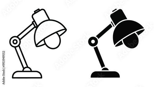 Two desk lamps in line art and solid black vector illustration, flat design