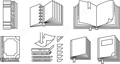 Open and closed books outline icons with pages, bookmarks and stacks, minimal line art education and reading vector illustration set