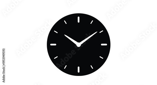 A minimalist depiction of a black clock face with white hands indicating approximately 9 10