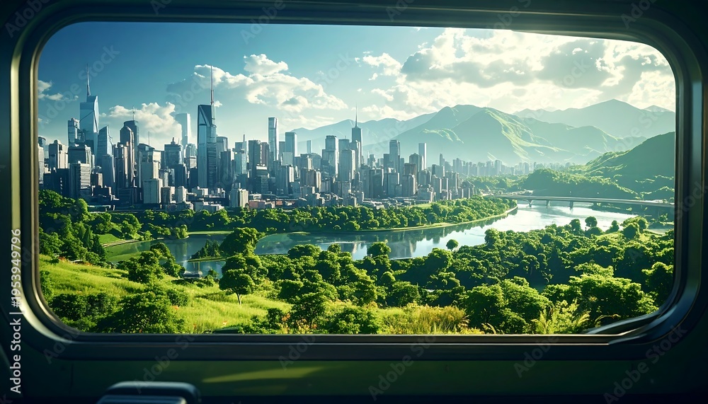 Obraz premium Urban Panorama Through a Window: Capturing a mesmerizing scene, a city skyline stretches towards the sky. The view is framed by a window, leading to a cityscape framed by nature. 