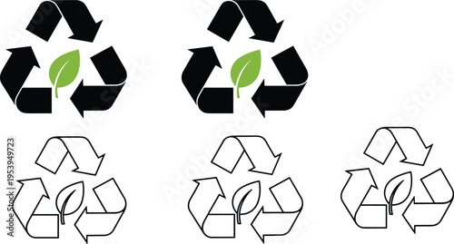 Vector illustration of six recycling symbols with green leaf centers, solid and outlined styles, eco-friendly sustainability design, environmental conservation theme