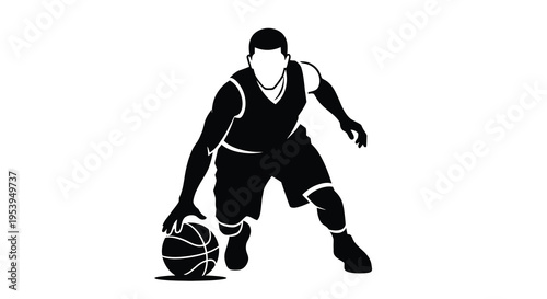 A dynamic black silhouette depicts a basketball player dribbling the ball with focused intensity
