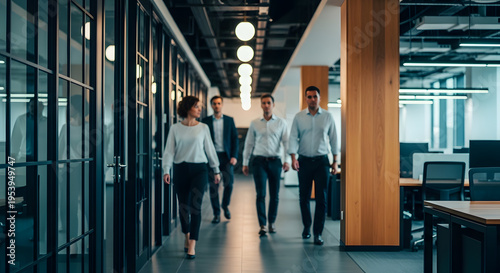 Cinematic eye-level view of a bustling modern office corridor with people in motion, showcasing corporate activity, dynamic workflow, teamwork, and contemporary workplace environment.
