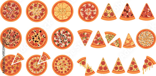 Assorted pizza collection with whole pizzas and slices featuring pepperoni, cheese, vegetables and seafood toppings top view Italian food illustration set