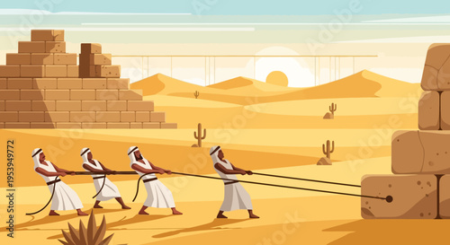Egyptian Workers Pulling Stone Blocks for Pyramid Construction.