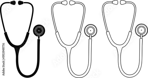 Vector illustration of three stethoscopes in solid and outlined styles, medical instrument design, healthcare symbol, diagnostic tool graphic set