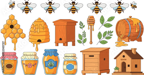 Beekeeping and honey production illustration set with bees, beehives, honey jars, honeycomb, wooden hives and natural organic honey farming elements